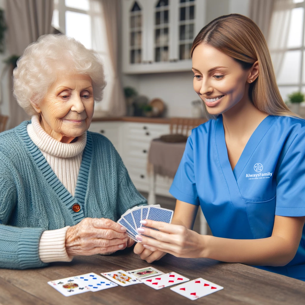 An Always Family caregiver playing cards with an elderly woman in her home