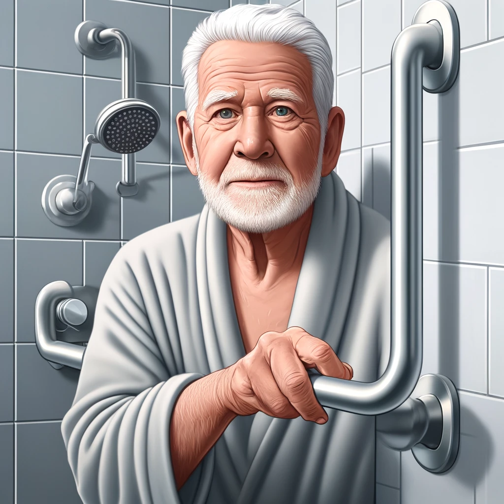 Elderly man with gray hair in the shower holding on to a safety grab bar.