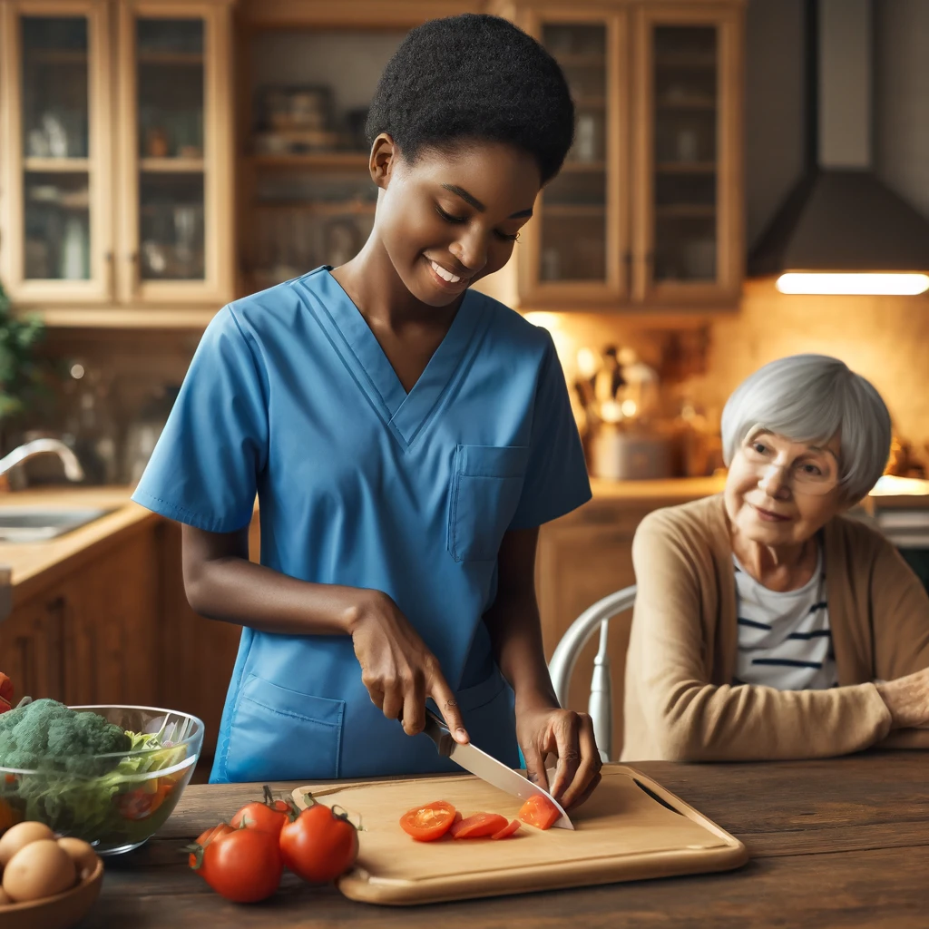 Always Family caregiver cutting tomatoes for an elderly woman