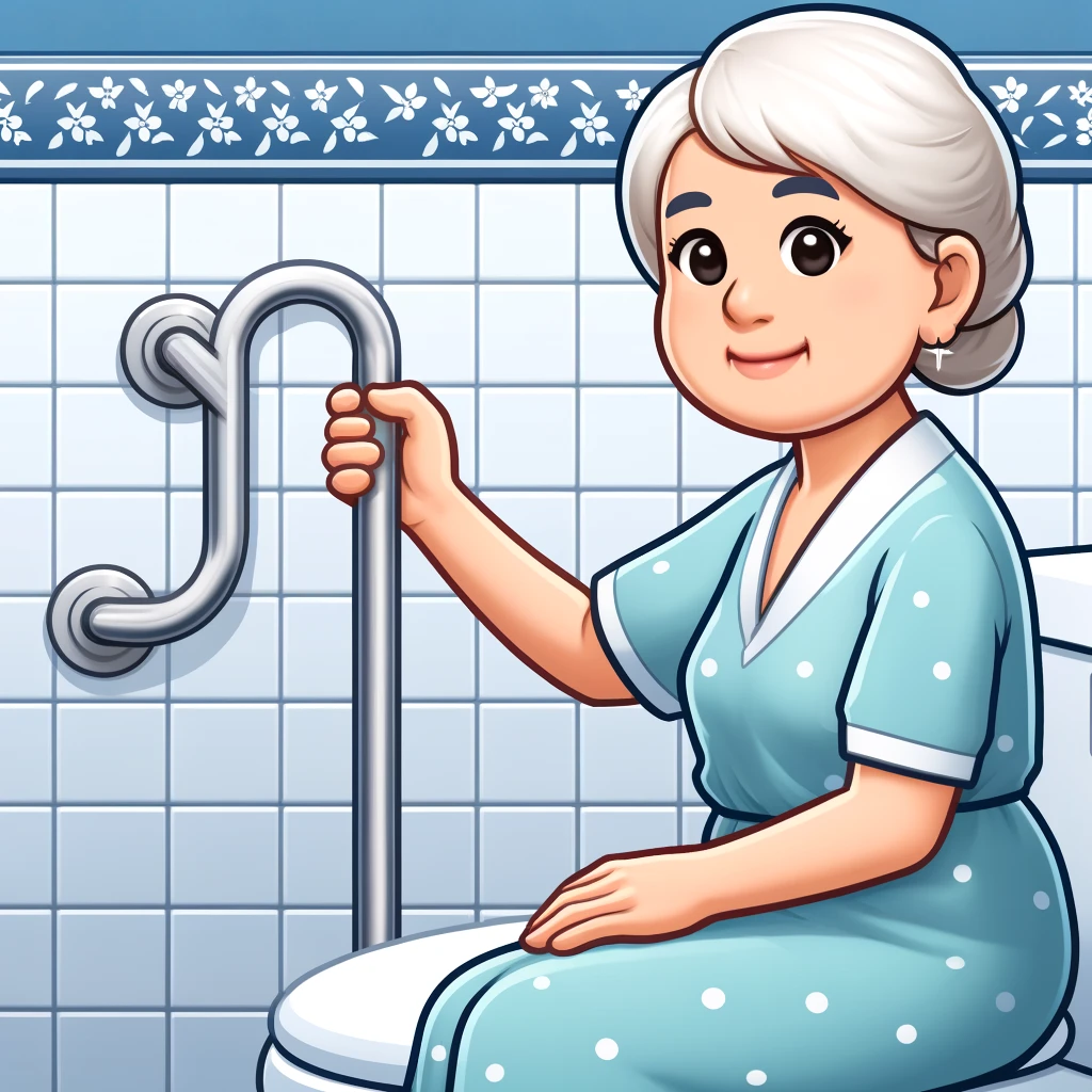 elderly woman in the restroom holding a grab bar for safety